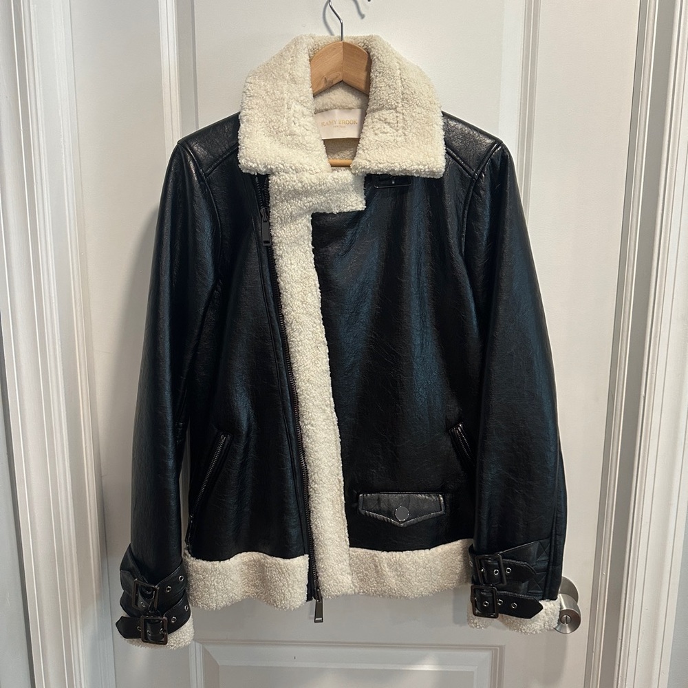 RAMY BROOK Black and Cream Shearling Faux Leather Jacket